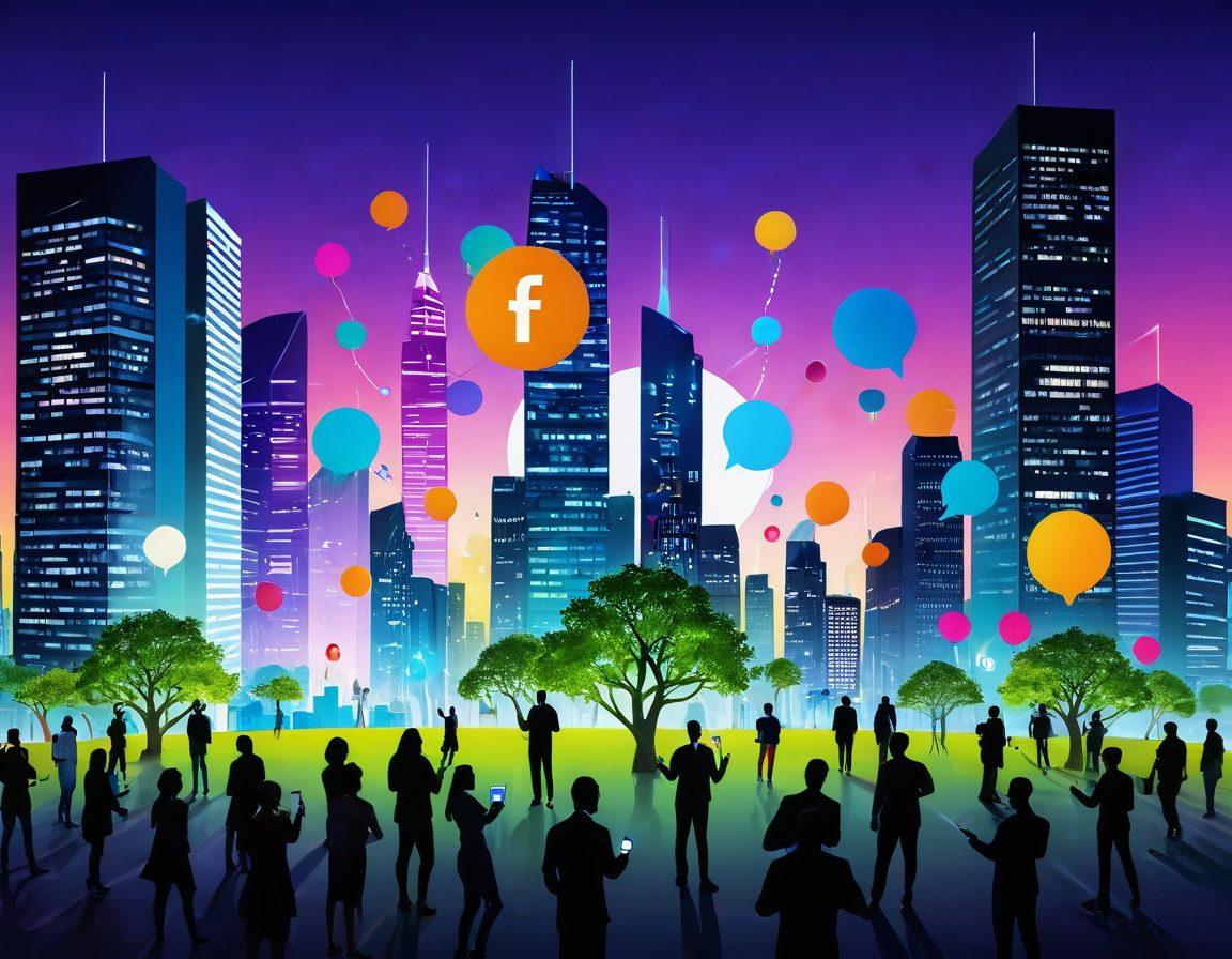 A vibrant digital landscape depicting diverse individuals engaged in virtual networking, with icons of social media platforms floating around. Include elements of collaboration like shared screens, chat bubbles, and hands shaking to symbolize connection. The background should feature a blend of technology and community, showcasing skyscrapers and nature intertwined. Bright colors to convey energy and positivity. 3D. vibrant colors.