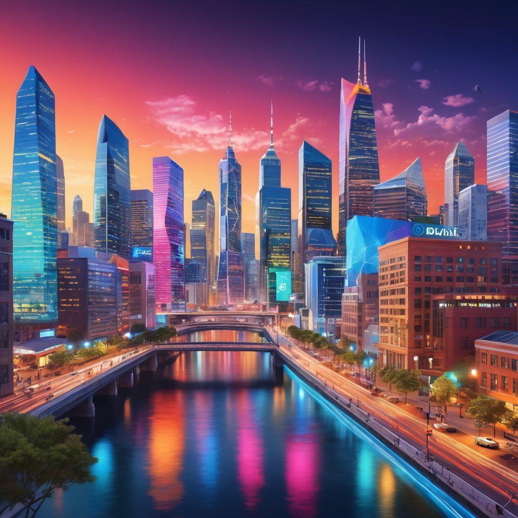 A dynamic digital marketing landscape illustrating various online strategies such as social media, SEO, and email campaigns. Include vibrant icons representing analytics, a diverse group of business professionals collaborating, and abstract graphs showing growth. The background should feature a bustling cityscape blending the digital with the real world. super-realistic. vibrant colors. 3D.